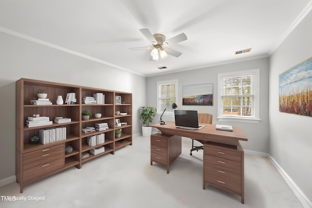 office space with ceiling fan, crown molding, visible vents, and a wealth of natural light