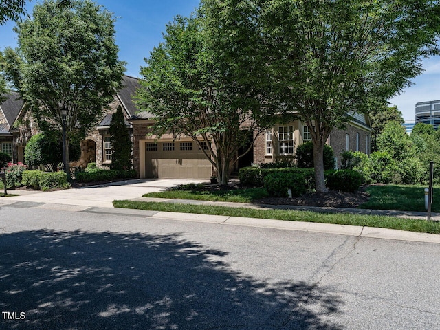 view of property hidden behind natural elements with an attached garage, driveway, and stone siding