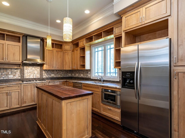 kitchen with open shelves, appliances with stainless steel finishes, wall chimney exhaust hood, butcher block countertops, and crown molding