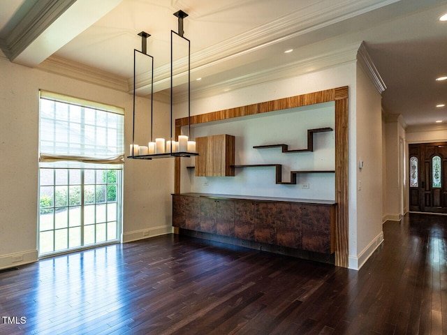 unfurnished dining area with crown molding, dark wood-style floors, healthy amount of natural light, and recessed lighting