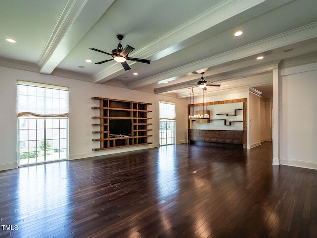 unfurnished living room with a ceiling fan, beamed ceiling, wood-type flooring, crown molding, and baseboards