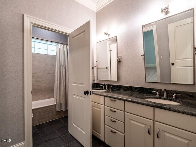 bathroom featuring tile patterned flooring, crown molding, double vanity, and tiled shower / bath combo
