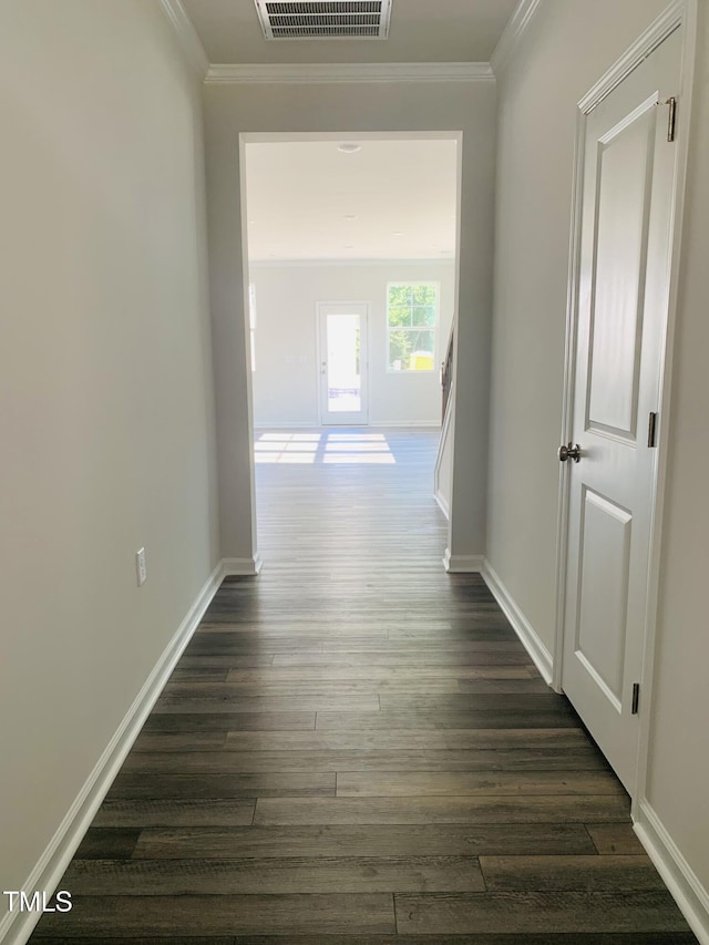 hallway with baseboards, visible vents, dark wood finished floors, and ornamental molding