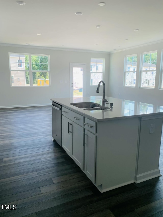 kitchen featuring a kitchen island with sink, dark wood-style flooring, a sink, stainless steel dishwasher, and crown molding