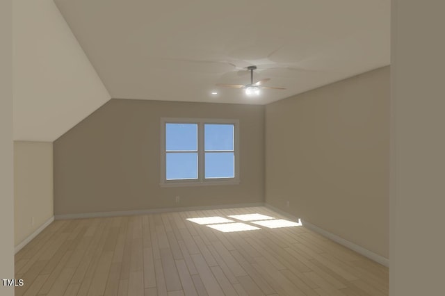 bonus room featuring ceiling fan, baseboards, lofted ceiling, and light wood-style floors