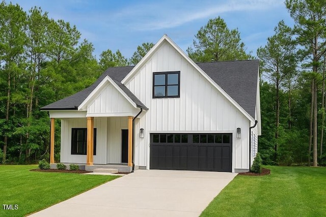 148 Mohawk Dr, Louisburg, NC 27549 - modern inspired farmhouse with concrete driveway, board and batten siding, a porch, and a front yard