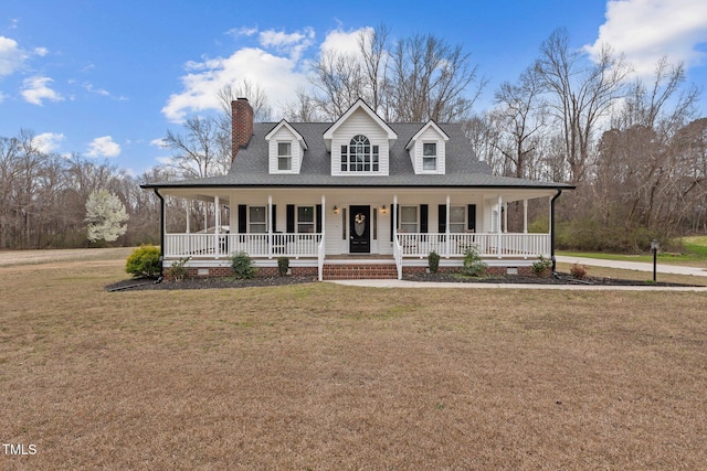 farmhouse with covered porch, a shingled roof, a chimney, a front lawn, and crawl space