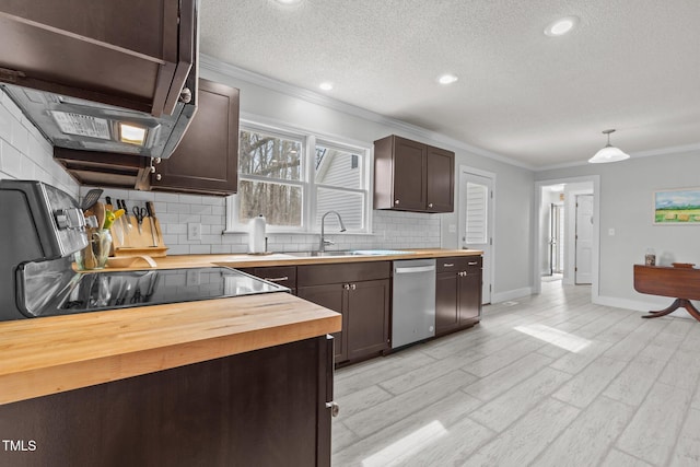 kitchen featuring light wood-type flooring, dark brown cabinetry, crown molding, wooden counters, and dishwasher