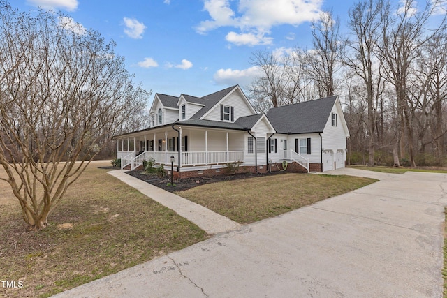 view of front of property featuring an attached garage, a front yard, covered porch, crawl space, and driveway