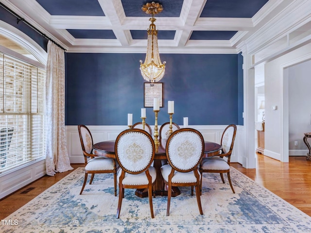 309 Shoreline Dr, Princeton, NC 27569 - dining room with visible vents, beam ceiling, a notable chandelier, wood finished floors, and crown molding