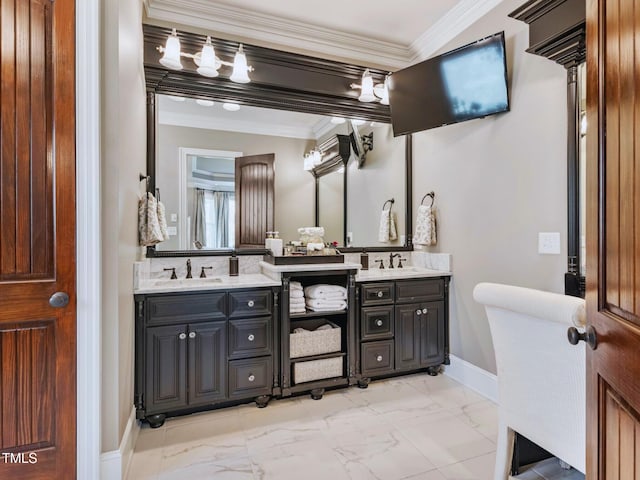 309 Shoreline Dr, Princeton, NC 27569 - bathroom with a sink, marble finish floor, and ornamental molding