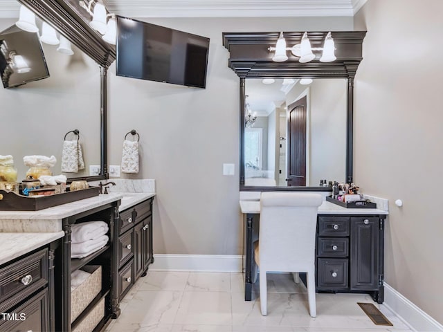 309 Shoreline Dr, Princeton, NC 27569 - bathroom with vanity, crown molding, baseboards, and marble finish floor
