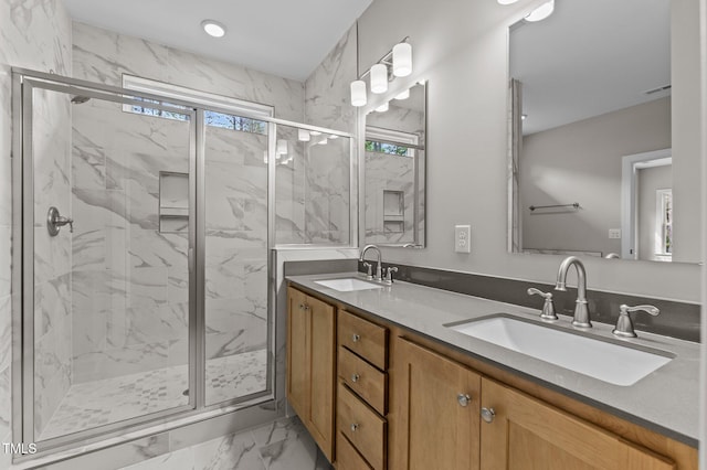 25 Arbor Dr, Youngsville, NC 27596 - full bathroom with double vanity, marble finish floor, a sink, and a marble finish shower