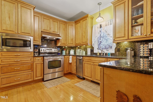 kitchen with light wood-type flooring, under cabinet range hood, a sink, stainless steel appliances, and decorative backsplash