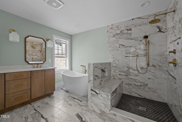 bathroom with vanity, visible vents, a marble finish shower, a freestanding tub, and marble finish floor