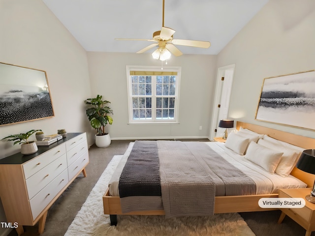117 Woodson Dr, Clayton, NC 27527 - bedroom featuring vaulted ceiling, dark colored carpet, ceiling fan, and baseboards