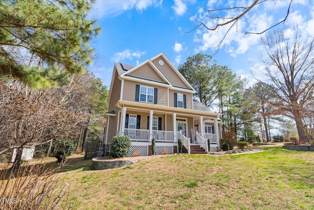 view of front of home with a porch, a front lawn, and roof mounted solar panels