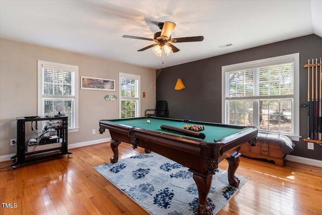 recreation room featuring wood-type flooring, visible vents, billiards, and baseboards