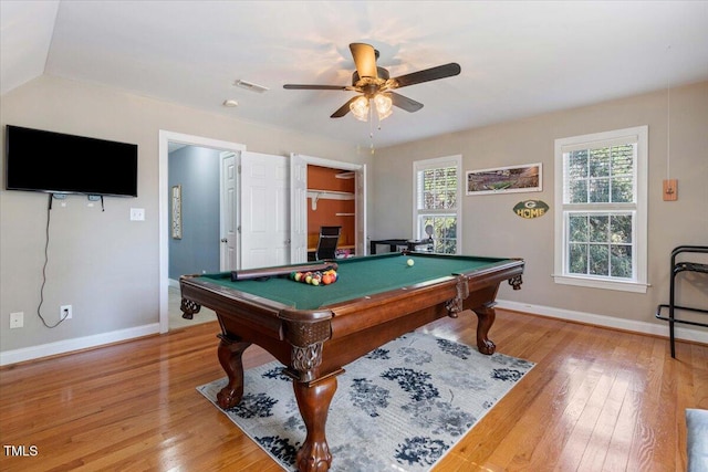 playroom featuring baseboards, pool table, visible vents, and light wood finished floors