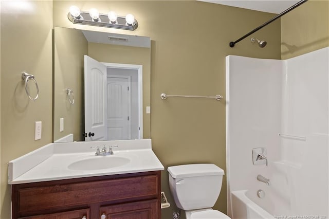 full bath with toilet, shower / tub combination, visible vents, and vanity