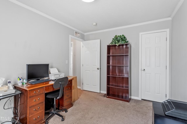 home office featuring light carpet, baseboards, visible vents, and crown molding