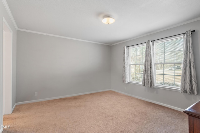 spare room featuring light carpet, crown molding, and baseboards