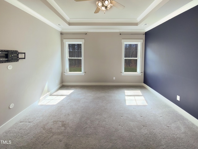 carpeted spare room with a wealth of natural light, a raised ceiling, and crown molding