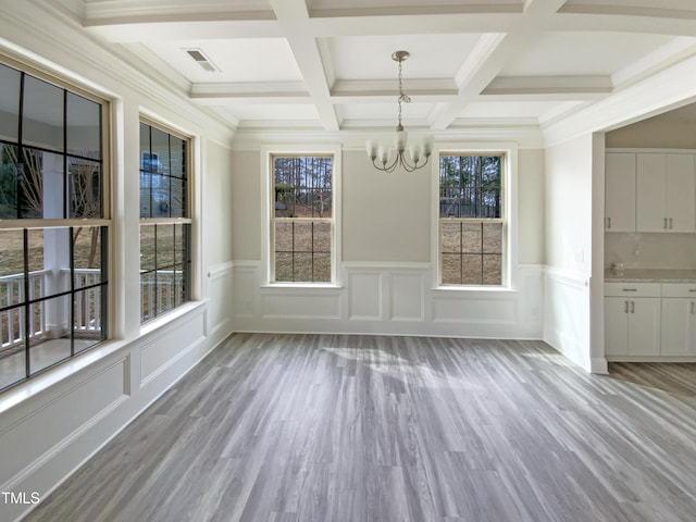 interior space featuring visible vents, a chandelier, coffered ceiling, and beamed ceiling