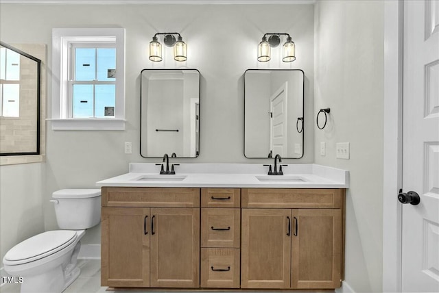 full bathroom with toilet, double vanity, a tile shower, and a sink