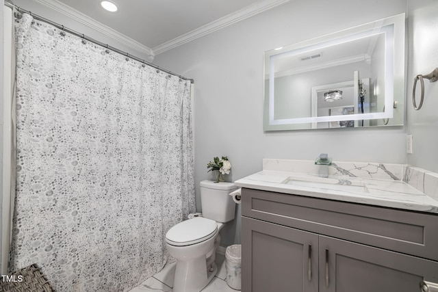 full bathroom with toilet, visible vents, vanity, marble finish floor, and crown molding