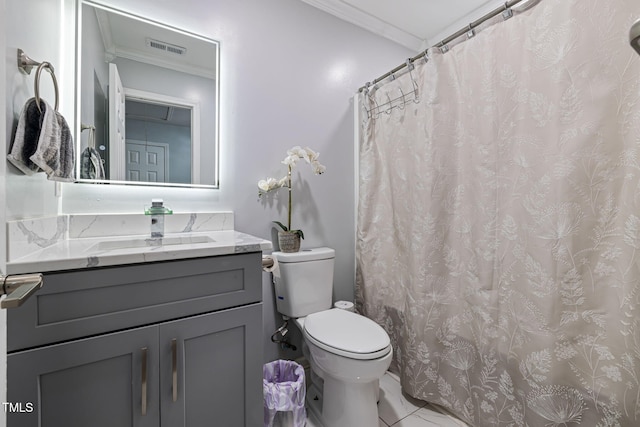 bathroom with toilet, vanity, visible vents, marble finish floor, and crown molding