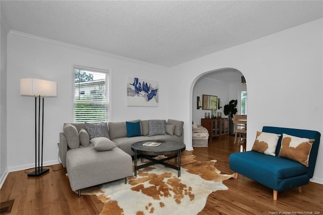 living room with baseboards, a textured ceiling, arched walkways, and wood finished floors