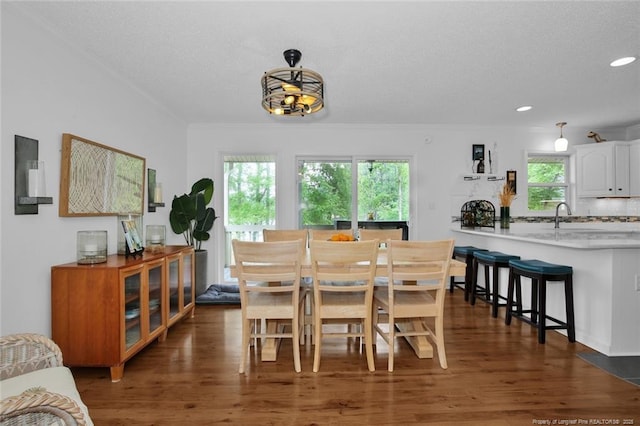 dining area featuring crown molding, dark wood-style flooring, and recessed lighting