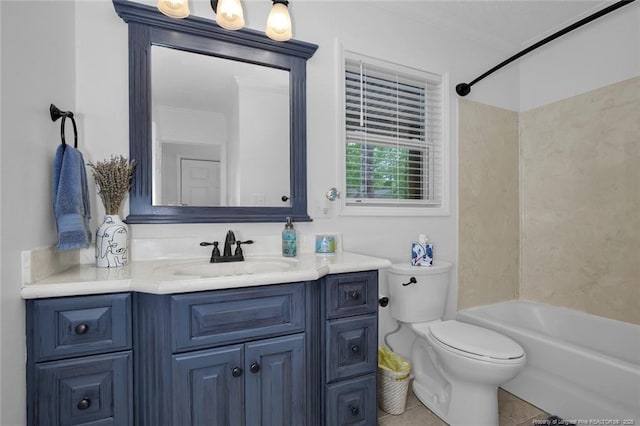 bathroom with tile patterned floors, vanity, toilet, and shower / bathtub combination