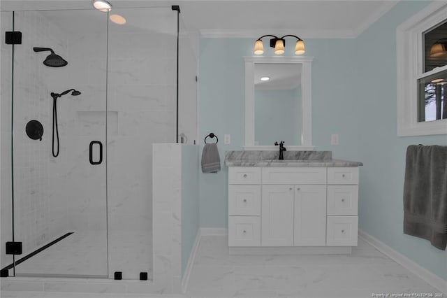 bathroom featuring marble finish floor, baseboards, ornamental molding, and a stall shower