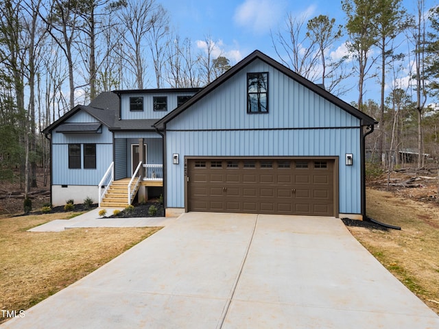 modern inspired farmhouse featuring crawl space, board and batten siding, roof with shingles, and driveway