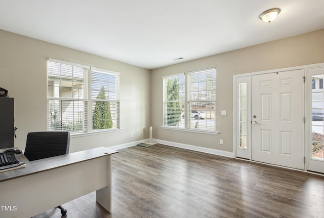 entrance foyer with visible vents, baseboards, and wood finished floors