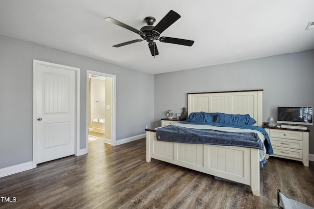 bedroom featuring visible vents, baseboards, and dark wood-style flooring