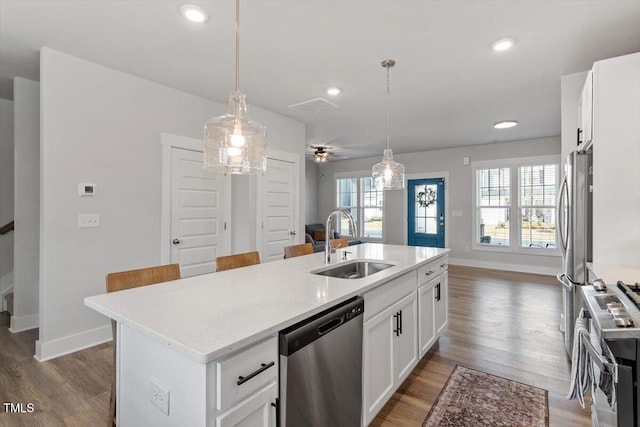 kitchen featuring a sink, wood finished floors, appliances with stainless steel finishes, and an island with sink