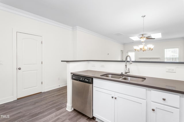 kitchen featuring stainless steel dishwasher, dark countertops, ornamental molding, and a sink