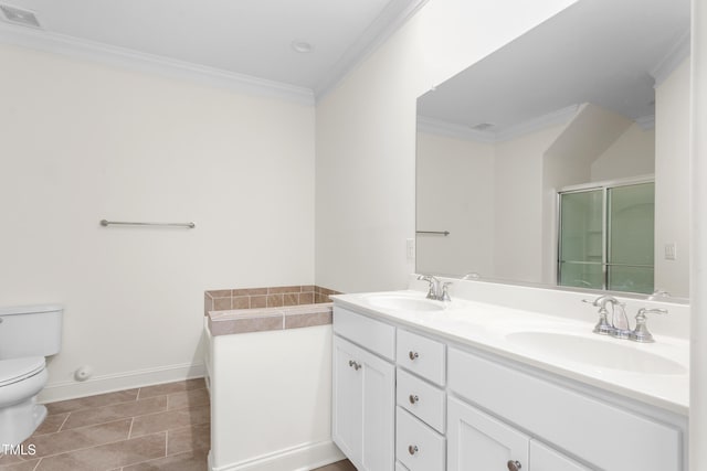 bathroom featuring a sink, visible vents, toilet, and ornamental molding