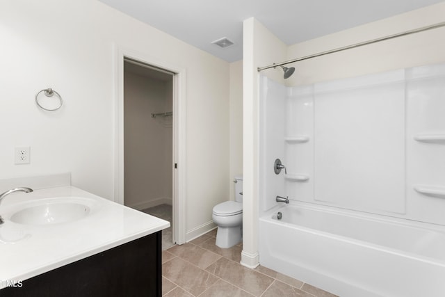 full bath with vanity, visible vents,  shower combination, tile patterned flooring, and toilet