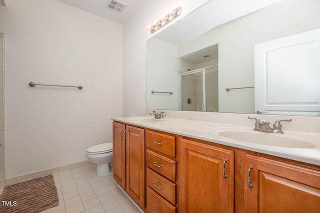 full bath with tile patterned flooring, a shower stall, visible vents, and a sink