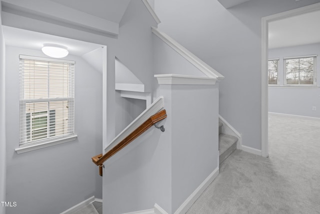 stairway featuring carpet floors and baseboards