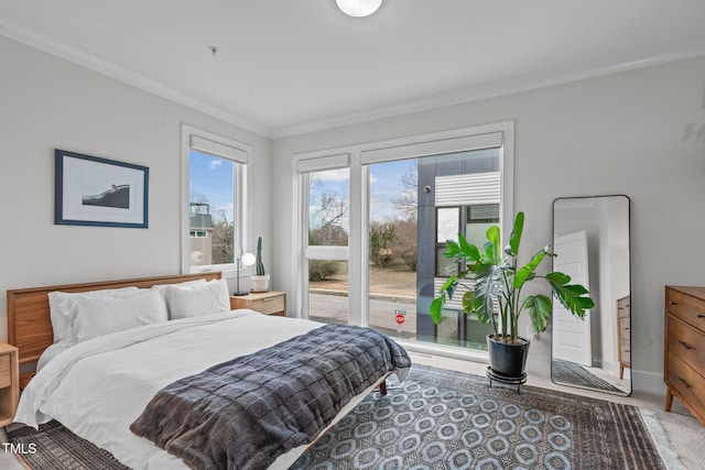 bedroom with crown molding, baseboards, and light carpet