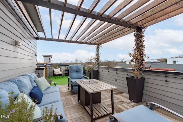 wooden deck with an outdoor living space and a pergola