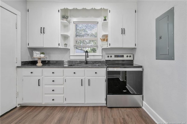 kitchen featuring a sink, white cabinetry, stainless steel range with electric cooktop, electric panel, and open shelves