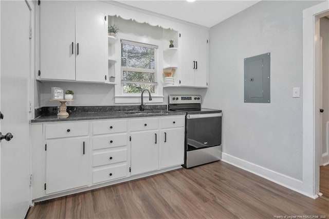 kitchen featuring open shelves, stainless steel electric stove, white cabinets, a sink, and electric panel