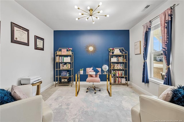 office space with a chandelier, carpet flooring, plenty of natural light, and visible vents