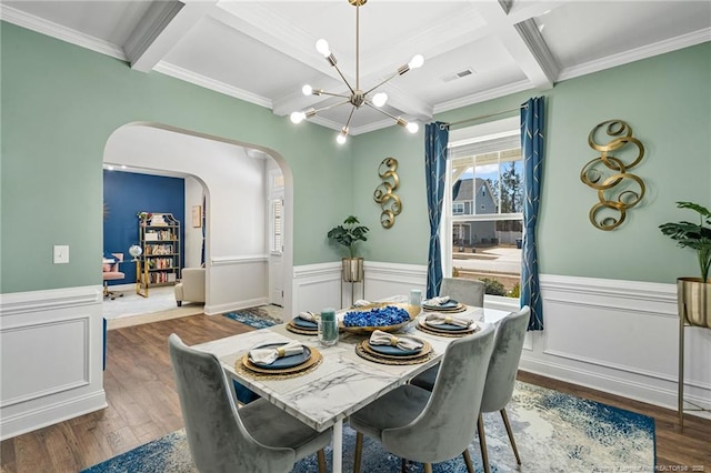 dining room featuring arched walkways, coffered ceiling, wainscoting, wood finished floors, and a notable chandelier